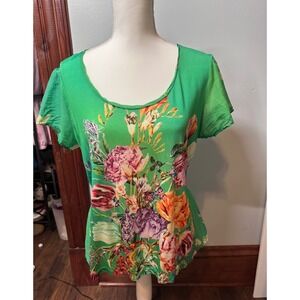 Yera Green Floral Peplum Blouse Short Sleeve Scoop Neck Botanical Print XL